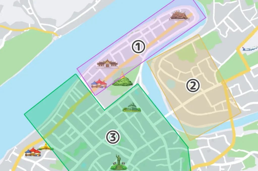 ルアンパバーンの宿泊エリア3分類マップ