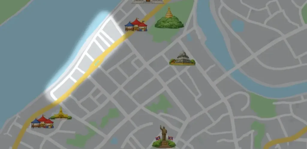 ルアンパバーンのメコン川近郊エリアのマップ