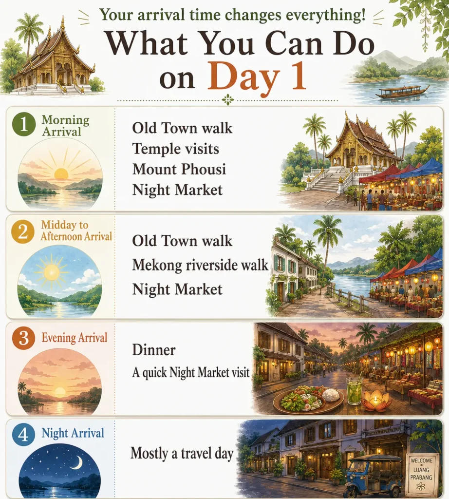 Summary of Things to Do on Day 1, by Arrival Time in Luang Prabang