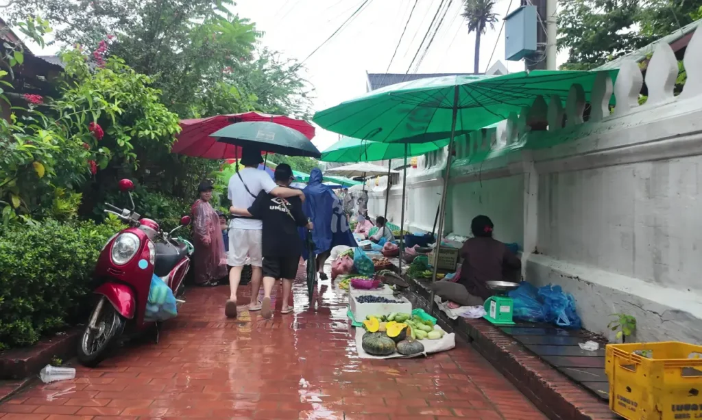 雨の降るルアンパバーンのモーニングマーケット