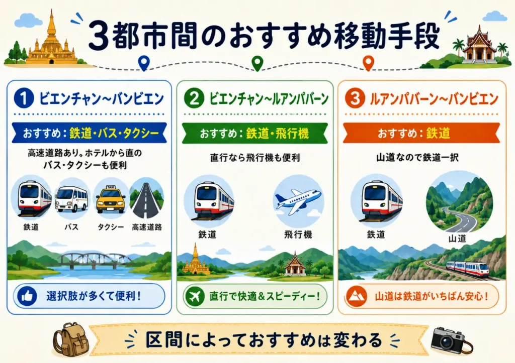 ビエンチャン・バンビエン・ルアンパバーン間のおすすめ移動手段をまとめた図