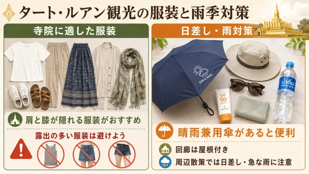 タート・ルアン観光の服装と雨対策をまとめた画像