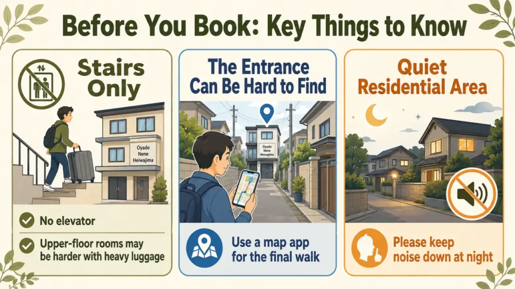 Infographic showing three things to know before booking Oyado Nene Heiwajima: no elevator, a hard-to-find entrance, and the need to keep noise down at night.