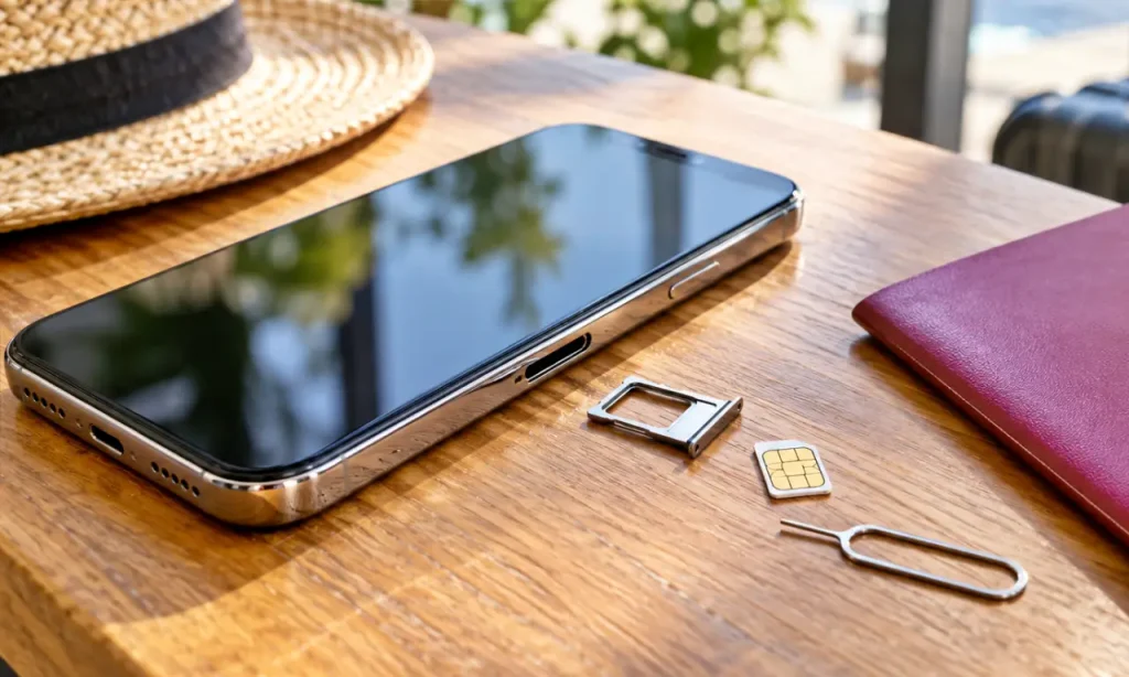 テーブルにスマホとSIMカードが置かれた画像